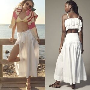 Anthropologie Poplin Tie Front Side Slit Midi Skirt in White Sz 1X and 3X NWT